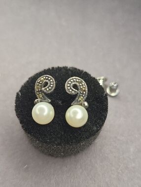 Sterling Silver Marcasite Pearl Drop Earrings by Arte